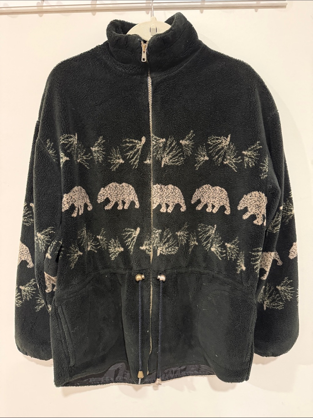 Coldwater Creek Black Fleece Zip Jacket with Cream Bear Trim